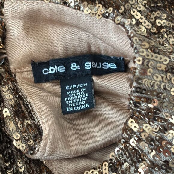 Cable & Gauge | Gold Sequin Puff Long Sleeve Mock neck Keyhole Blouse Shirt - Picture 16 of 16